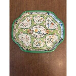 Vintage Metal Green Floral Snack Tray Made In England Baretware